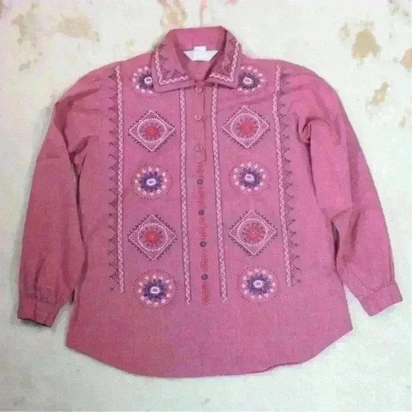 VINTAGE BLAIR Western Print Red Quarter Button Up Blouse Top Women Medium - Picture 1 of 8